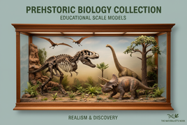Educational biology scale models collection featuring realistic dinosaur kits including T-Rex, Triceratops, and Brachiosaurus in museum display