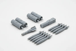 3D printed gray plastic model airplane missiles and bombs on white background, MPM Hobbies