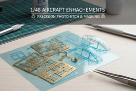 1/48 scale aircraft model photo-etch parts, clear canopies, and hobby tools on a desk for MPM Hobbies