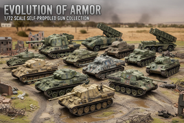 1/72 scale self-propelled tank models in battlefield diorama, MPM Hobbies collection