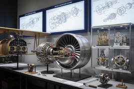Educational mechanical models display featuring detailed aircraft engines, cockpit sections, and precision mechanical assemblies for scale modeling