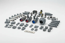 1/32 scale KA Models aircraft aftermarket resin parts including F-15 F/A-18 F-35 exhaust nozzles, AIM-9 Sidewinder missiles, Mk-82 bombs and detail-up parts on white background