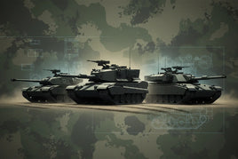 Three modern military tanks on a digital camo background, MPM Hobbies model kits