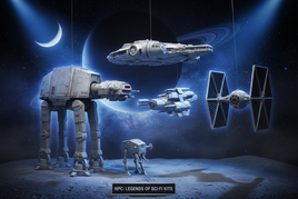 MPC Sci-Fi model kits featuring Star Wars AT-AT Millennium Falcon Darth Vader TIE Fighter and Space 1999 Eagle Transporter in dramatic space setting