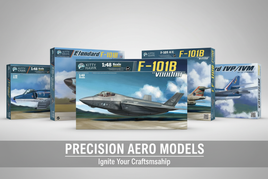 1/48 scale Kitty Hawk jet aircraft model kits featuring F-35 Lightning II, F-101 Voodoo, Entendard displayed on neutral background
