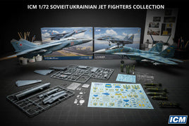 ICM 1/72 scale Soviet and Ukrainian jet fighter model kits with decals and accessories on display table