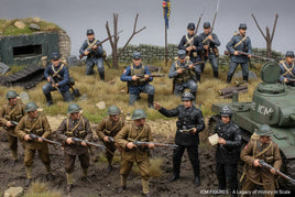 Detailed scale model military figures in WWI and WWII uniforms with tank, displayed in diorama at MPM Hobbies