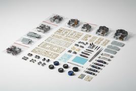 1/32 scale Eduard aircraft aftermarket parts including photo-etched brass, resin engines, cockpit interiors, landing flaps, wheels, seatbelts and detail sets on white background