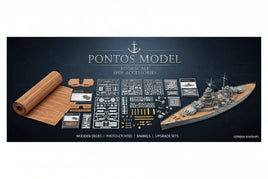 Pontos Model 1/350 scale ship accessories kit with wooden deck, photo-etched parts, and battleship model, available at MPM Hobbies.