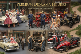 1/24 scale premium diorama figures with vintage cars, firefighters, racers, and mechanics, MPM Hobbies.