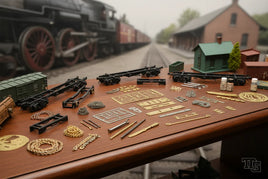 Model train kit parts and accessories on table, detailed railroad and locomotive scene in background