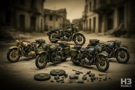 Realistic 3D printed military motorcycle models with accessories, MPM Hobbies hobby display