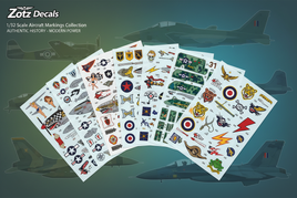 Zotz Decals waterslide sheets for 1/32 scale military aircraft spanning WWII to modern jets including P-51 Mustang, B-17 Fortress, F-14 Tomcat, F-16 Falcon with squadron markings, nose art and tactical codes on aviation background