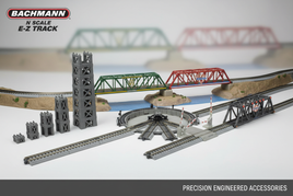 Bachmann N Scale E-Z Track accessories including pier sets, girder bridges, turntable, and crossing gates on model railroad layout
