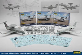 SOVA-M 1/72 scale specialty aircraft model kits with box art, plastic sprues, decals, and assembled planes.