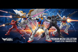 Bandai Robot Spirits collection featuring premium mecha action figures with metallic finishes and dynamic combat poses