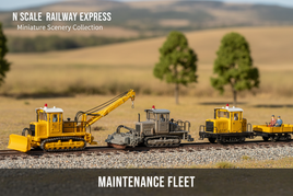 N scale Railway Express Miniature track maintenance equipment including crawler with blade and speeder crew car on railroad tracks