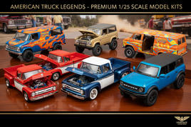 Premium 1/25 scale American trucks including classic 1953 Ford F-100 with vintage styling, 1966 Ford F-100 Flareside, 1960 Chevy Apache, 1970s Ford Bronco 4x4, 1975 Chevy custom van with graphics, and modern Ford Bronco with detailed V8 engines