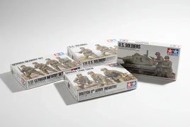 Tamiya 1/35 scale military model kits, including German infantry, U.S. soldiers, and British army, displayed on a white background at MPM Hobbies.