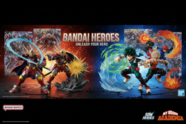 Bandai Heroes collection featuring SDW Heroes Gundam model kits and My Hero Academia action figures with dynamic poses and vibrant colors