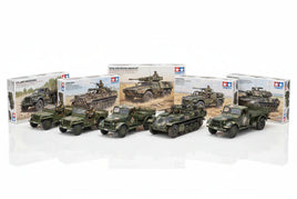 Tamiya military model kits and assembled scale vehicles displayed on a white background at MPM Hobbies.