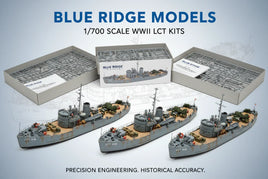 Blue Ridge Models 1/700 scale WWII LCT ship model kits with assembled ships and kit boxes shown