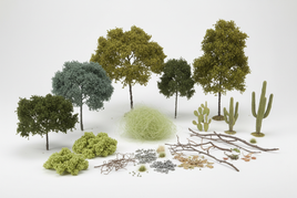 Woodland Scenics model railroad trees bushes poly fiber and foliage materials on white surface for scenery