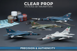 Clear Prop 1/72 scale jet aircraft model kits with paints and decals on display, MPM Hobbies