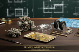 MPM Hobbies 1/32 scale premium aviation model upgrade parts on desk with blueprint and tools