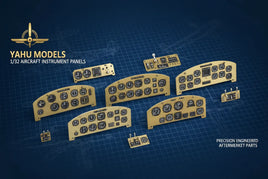 Precision photo-etched brass instrument panels for 1/32 scale WWII aircraft models including Spitfire, P-51 Mustang, Messerschmitt cockpit gauges with detailed dials and bezels on technical blueprint background