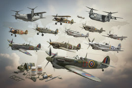 Assorted scale model airplanes and hobby supplies against a cloudy sky, MPM Hobbies theme.