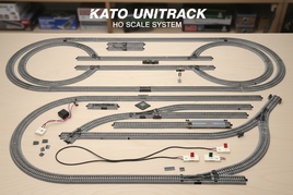 Kato Unitrack HO scale model train tracks and accessories on a tabletop at MPM Hobbies