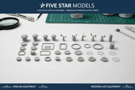 Five Star Models 1/350 scale ship accessories, 3D printed detail parts on workspace at MPM Hobbies