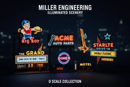 O scale illuminated model signs for Miller Engineering, including diner, motel, drive-in, auto parts, and theater, displayed against a dark background for MPM Hobbies.