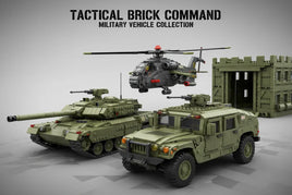 Military vehicle building block models including Humvee T-90 tank and WZ-10 helicopter in olive green and tan colors arranged in tactical formation