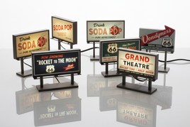 3D printed miniature retro billboard signs with Route 66, soda pop, and theater themes