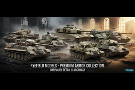 Ryefield Models premium 1/35 scale military tank models displayed in a detailed battle scene.