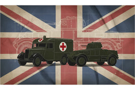 British military ambulance and armored vehicle illustration over Union Jack flag, MPM Hobbies