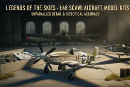 1:48 scale WWII aircraft model kits on display in a hangar, MPM Hobbies hobby products