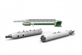 3D printed scale model missiles and torpedoes displayed on white background, MPM Hobbies