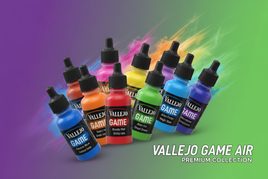 Vallejo Game Air paint bottles in assorted colors with vibrant gradient background, MPM Hobbies