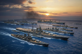 Realistic 3D printed model warships at sea under sunset sky, MPM Hobbies nautical diorama