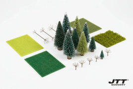 Model scenery kit with miniature trees, foliage, and grass mats for diorama at MPM Hobbies
