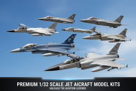 1/32 scale jet fighter models including F-16, F-4 Phantom, F-104 Starfighter, F-35 Lightning II, F-84 Thunderjet, Mirage III