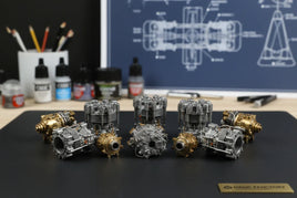 3D printed model airplane engines displayed on workbench with paints and blueprint, MPM Hobbies