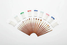 Art paintbrush set with wooden handles and assorted cotton swabs on white background, MPM Hobbies.