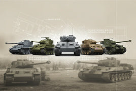 Row of detailed model tanks in various colors on technical blueprint background from MPM Hobbies