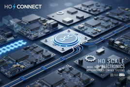 HO scale model train motherboards and DCC control circuit boards with blue electronic components for Train Control Systems accessories