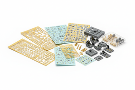 Tamiya 1/72 aircraft detail parts: camouflage decal sheets, photo-etched brass details, detail-up accessories on white background