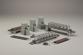 N scale Code 80 track accessories including bridge piers, girder bridges, deck bridges, and plastic rail joiners for model railroad layouts